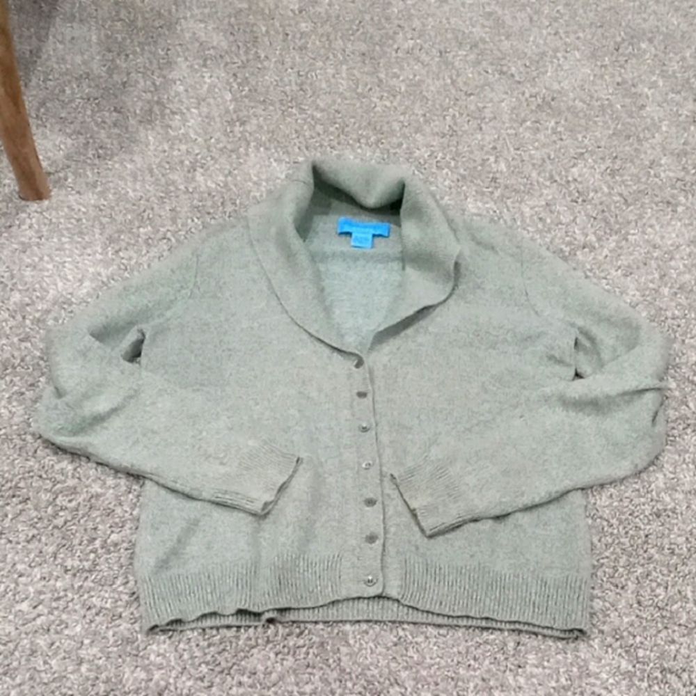 Doncaster Sport Shawl Collar Long Sleeve Sweater  Gray & Green Tweed Size Medium